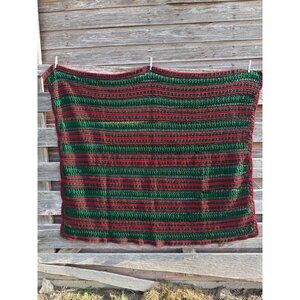 Vintage 1970s Green And Red Crochet Afghan Blanket 61x46"